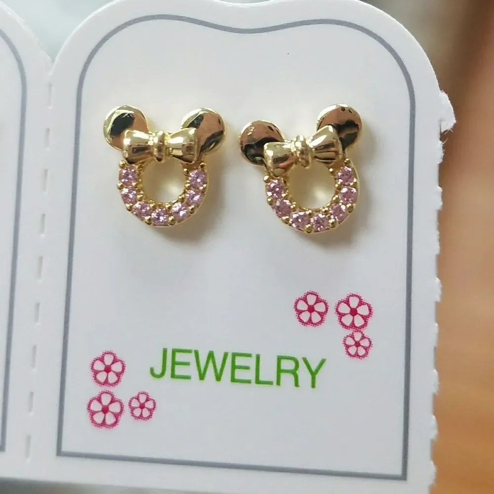 New Kids Girls Earrings gold plated CZ Pink Mouse.